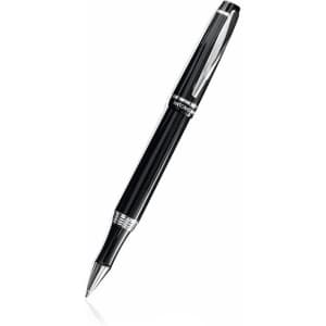 A black roller pen with a shiny silver clip, featuring a logo on the body.