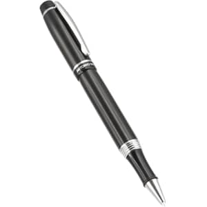 A sleek black roller pen with silver accents and a clip, featuring a logo on its barrel.