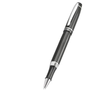 A black pen with a sleek design and silver accents, featuring a branding logo.