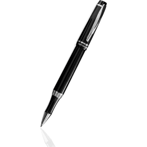 A black rollerball pen with silver accents and a polished finish, featuring a logo on the barrel.