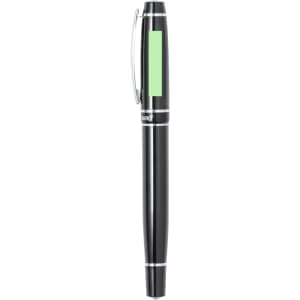 A black Helox Roller pen with a green highlight and a silver clip, featuring a branding logo.