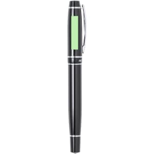A black pen with a green accent and a clip, featuring a logo on the barrel.