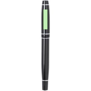 A sleek black pen with silver accents and a green area, featuring a logo on its body.
