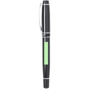 A black pen with a silver clip and a green accent. The pen features a branding logo.