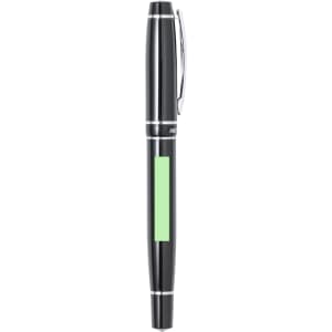 A sleek black pen with silver accents and a green highlight section. It features a branding logo.