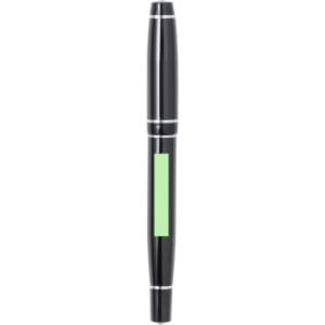 A black roller pen with silver accents and a green section for branding or decoration.