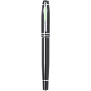 A sleek black pen featuring a silver clip and a green accent, with a branding logo on its body.