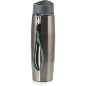 A drink bottle with a sleek silver body and grey lid, featuring a carrying strap and a logo.