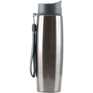 A drink bottle in stainless steel with a grey lid and a strap, featuring a logo on the side.