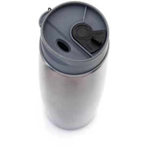 A drink bottle with a sleek stainless steel design and grey lid featuring an opening mechanism and a branding logo.