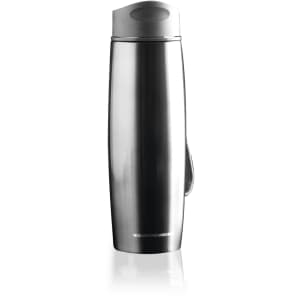 A drink bottle in a sleek, silver stainless steel design with a grey lid and handle. It features a logo.