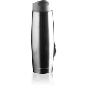 A drink bottle in stainless steel with a grey top, featuring a handle and a branding logo.