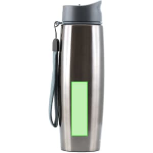 A drink bottle with a sleek stainless steel body, grey lid, and a green accent strip. It includes a carrying strap.