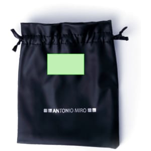 A black drawstring pouch with a logo and a blank area for personalisation.