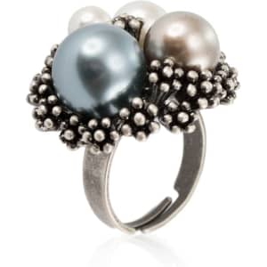 A silver adjustable ring featuring blue, grey, and white pearls surrounded by small metal beads.