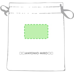 A pouch in white with a drawstring closure and a green dotted outline, featuring a logo at the bottom.
