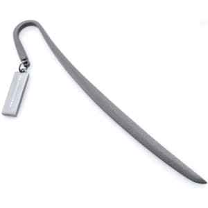 A sleek silver bookmark with a long, curved design and a rectangular tag at one end. Features a logo.