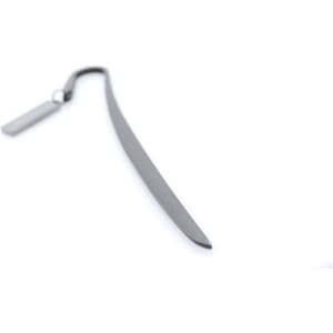 A sleek silver bookmark with a curved design and a loop for easy handling. It features a minimalistic style.