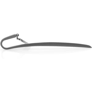 A silver bookmark with a curved design and a loop for attachment, featuring a sleek, minimalist style.