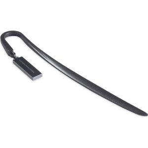 A sleek metal bookmark with a curved design and a tag, featuring a dark metallic finish.