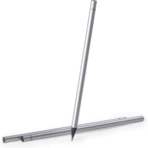 A pencil set featuring grey-lead pencils in metallic silver, with one pencil laid upon two others. The set includes a logo.