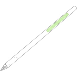 A grey lead pencil with a green grip section and a sharpened point, featuring a logo.