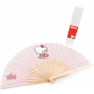 A pink and white hand fan featuring a Hello Kitty design with a wooden frame and matching storage sleeve.