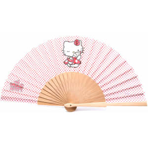 A hand fan with a red and white polka dot pattern featuring a character, with wooden ribs and handle.
