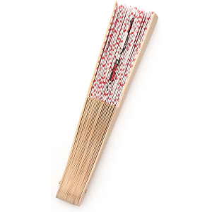 A red and white handheld fan with a wooden frame and intricate patterns, featuring a logo.