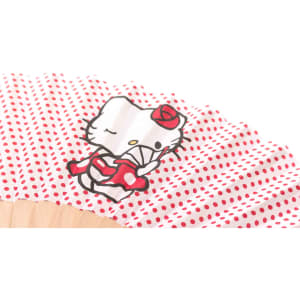 A red polka-dotted hand fan featuring a cartoon character, with wooden ribs and a playful design.