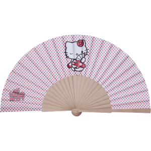 A pink hand fan featuring a Hello Kitty design with polka dots and a wooden handle.