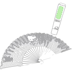 A decorative hand fan with a floral design, featuring a green accent and a branding logo.