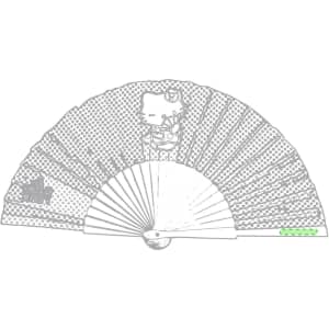 A decorative hand fan featuring a Hello Kitty design, primarily in white with black detailing and a green accent.