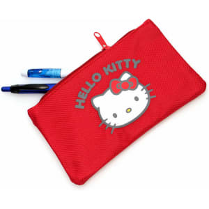 A red pouch featuring a Hello Kitty design, with pens and a white marker visible inside. It has a zip closure and a logo.