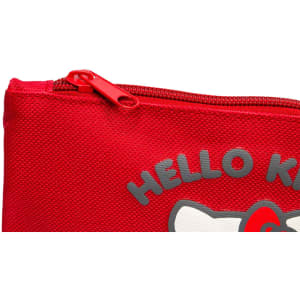 A red multipurpose bag featuring a cartoon character and a zipper closure. It has a branded design.