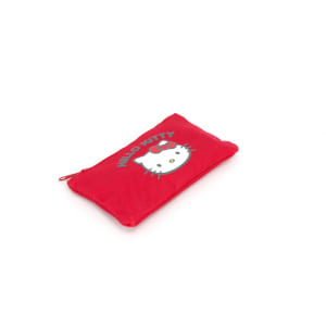 A red pouch featuring a Hello Kitty design, with a zip closure and soft, textured fabric.