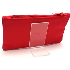 A red multipurpose bag with a zip closure displayed on a clear stand. The bag has a simple design and a logo.