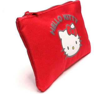 A red pouch featuring a Hello Kitty design and a zip closure, with an embellishment of a character's face.