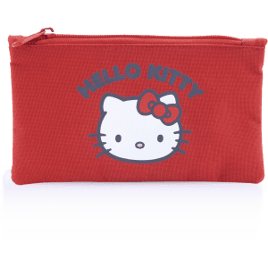 A red pouch featuring a Hello Kitty design with a zip closure and a logo on the front.