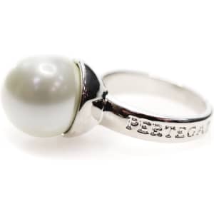 An adjustable silver ring featuring a large, lustrous pearl. The band is engraved with a logo.