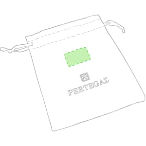 A white drawstring pouch featuring a logo and a green square detail. Ideal for storing small accessories.