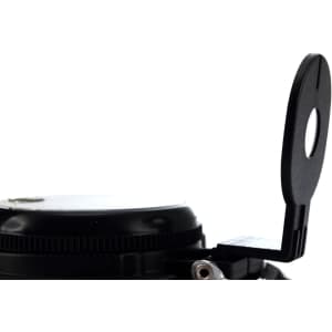 A black Saida Compass keyring tool featuring a round body and a hinged clip for attachment.