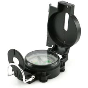A black compass with a protective cover, featuring a clear face and a built-in keyring attachment.