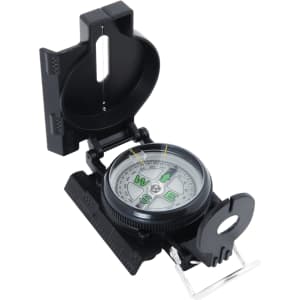 A black compass with a transparent lid, featuring a directional compass face and measurement markings.