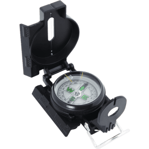 A black Saida compass featuring a clear rotating dial with cardinal directions and a foldable design.