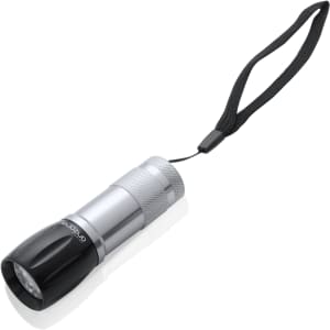 A silver and black torch with a lanyard for easy carrying. It features a textured grip and a branding logo.