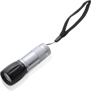 A compact silver and black torch with a wrist strap, featuring a textured grip and a branding logo.