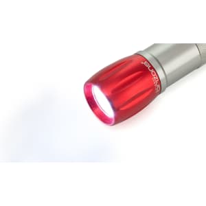 A red and silver torch with a bright LED light at the front. The product features a branding logo.