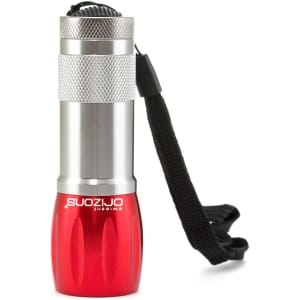 A silver and red torch with a textured grip and a lanyard attachment. It features a branding logo on the surface.
