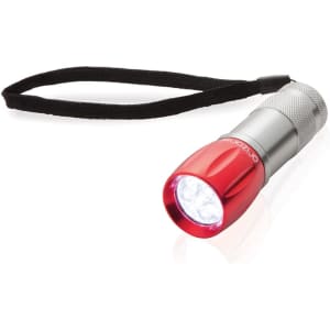 A red and silver torch with a lanyard. The torch features a metallic body and a bright LED light.